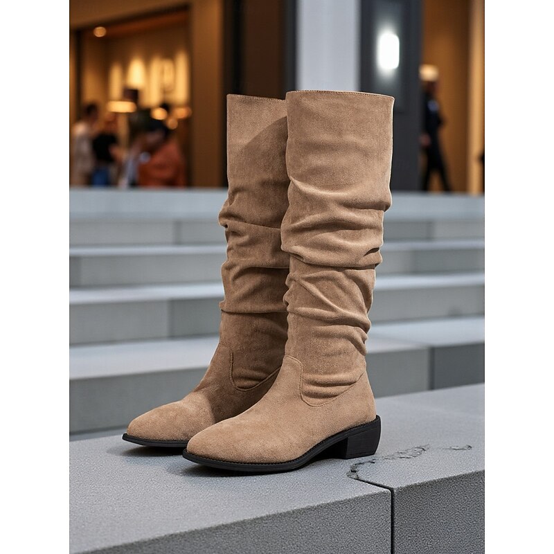 Women's Mocha brown Suede Slouch Knee-High Boots with Unique Shaped Heels, Minimalist Urban Fashion Footwear2