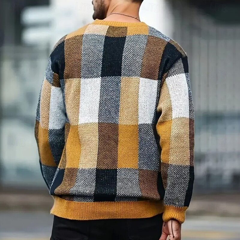 Men's Plaid Color Block Pullover Sweater Jumper Knitwear Crewneck Casual Vacation Home Daily 3D Print Knitting Keep Warm Long Sleeve Spring Fall Winter Yellow2