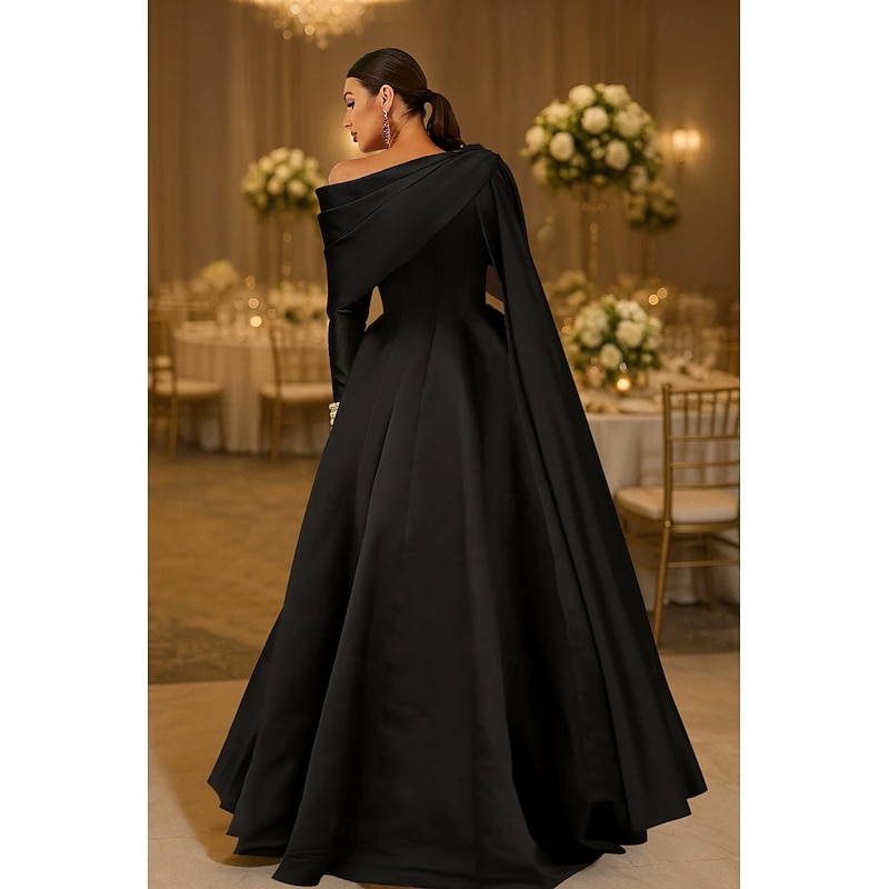 Red Formal Cape Dress Ball Gown Elegant Dress Formal Wedding Floor Length Long Sleeve Off Shoulder Stretch Satin with Pleats Pearls 20254