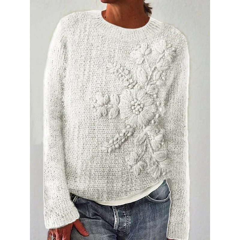 Women's Sweater Pullover Vacation Daily Casual Floral Ribbed Crew Neck Print Long Sleeve Regular Tops Knit Outdoor Daily Holiday White Green Fall Winter