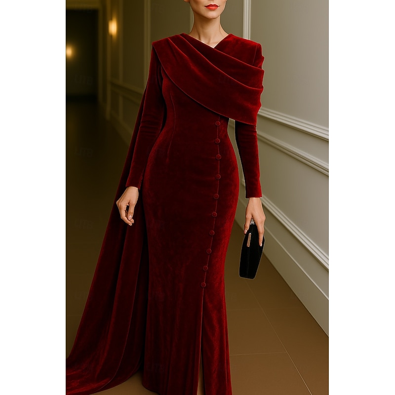 Burgundy Blue Column Evening Gown Elegant Dress Formal Wedding Floor Length Long Sleeve Stand Collar Velvet with Pleats 2025