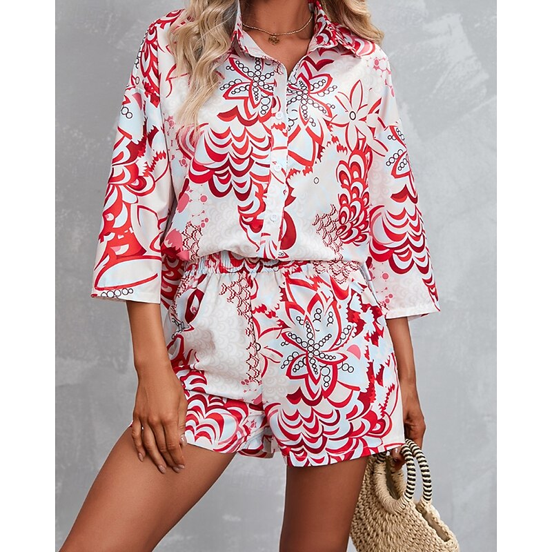 Women's Active Streetwear Shirt Blouse Shorts Sets Long Sleeve Shirt Collar Floral Print Vacation Casual Daily Pink Red Fall Regular Fit4