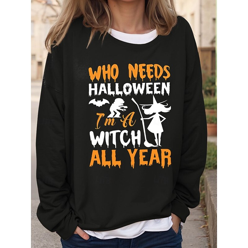 Halloween Women's Sweatshirts Witch Graphic Letter Vintage Fashion Casual Long Sleeve Crew Neck Regular Tops Casual Print Black Red Blue Brown Green Fall Winter