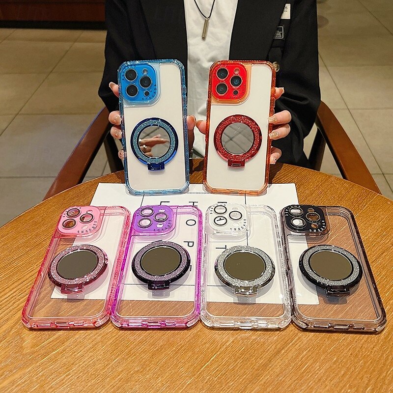 Phone Case For 16 15 14 Pro Max Plus 16e 13 Pro Max Back Cover Mirror Kickstand Shockproof Retro TPU PC