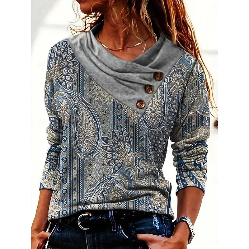 Women's T shirt Long Sleeve Graphic Geometric Plants Basic Long Sleeve Pile Neck V Neck Regular Tops Daily Sports Weekend Buttons Print Green Gray Spring Fall Winter Prefall4