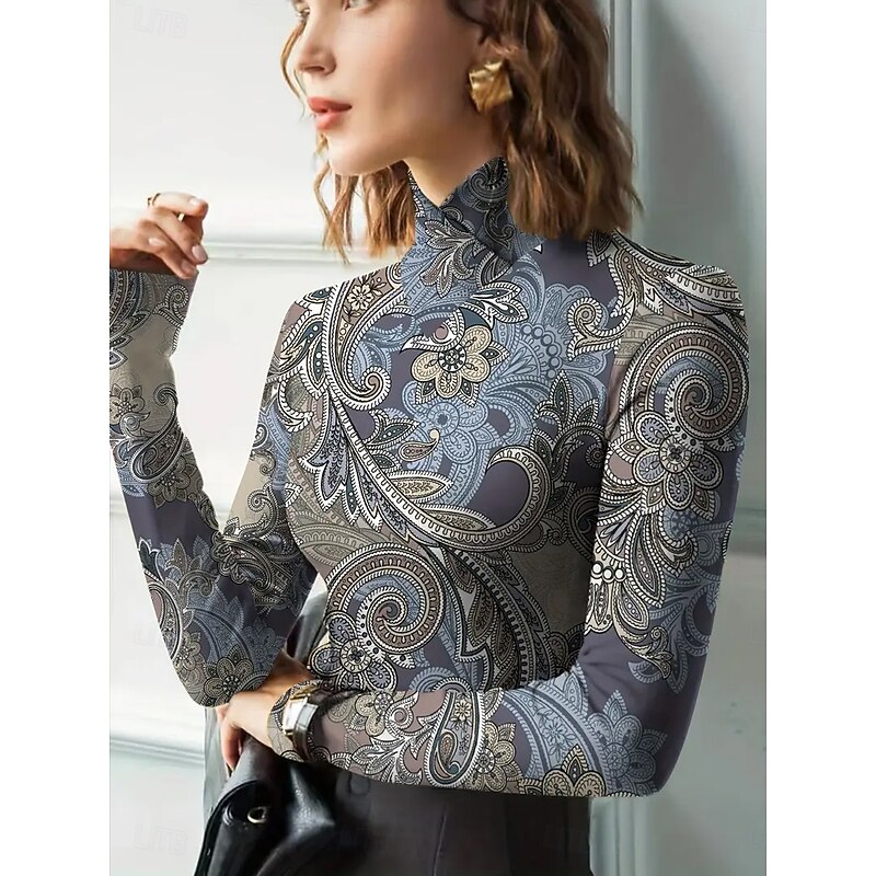 Women's T Shirt Graphic Texture Elegant Vintage Stylish Long Sleeve Turtleneck High Neck Asymmetric Neck Regular Tops Daily Print Tiered Black Blue Spring Fall Winter2