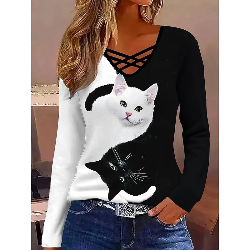 Women's T Shirt Graphic Animal Cat Vintage Stylish Classic Long Sleeve V Neck Regular Tops Daily Tassel Tie Print Black and White Spring Fall Winter