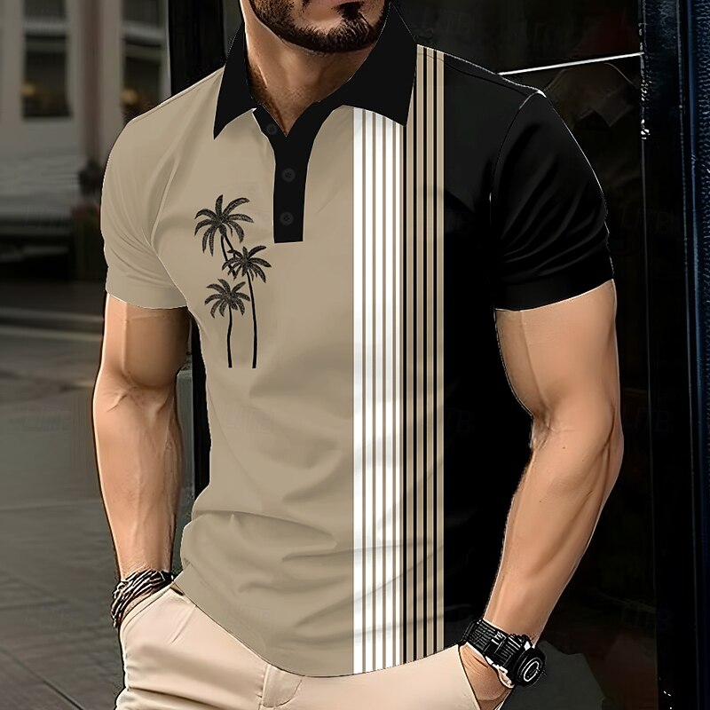 Men's Palm Tree Polo Short Sleeve Polo Shirts Lapel Casual Resort Athleisure Hawaiian 3D Print Buttons Summer Blue Purple Brown3