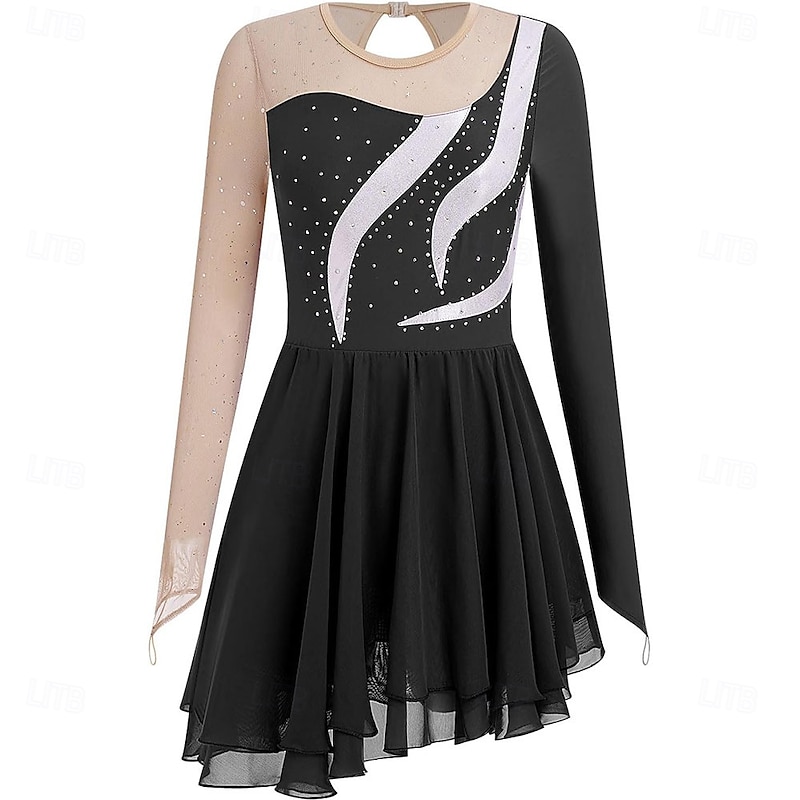 Figure Skating Dress for Women Girls Long Sleeve Mesh Sequin Rhinestone Ice Skating Dress Ballet Competition Dancewear