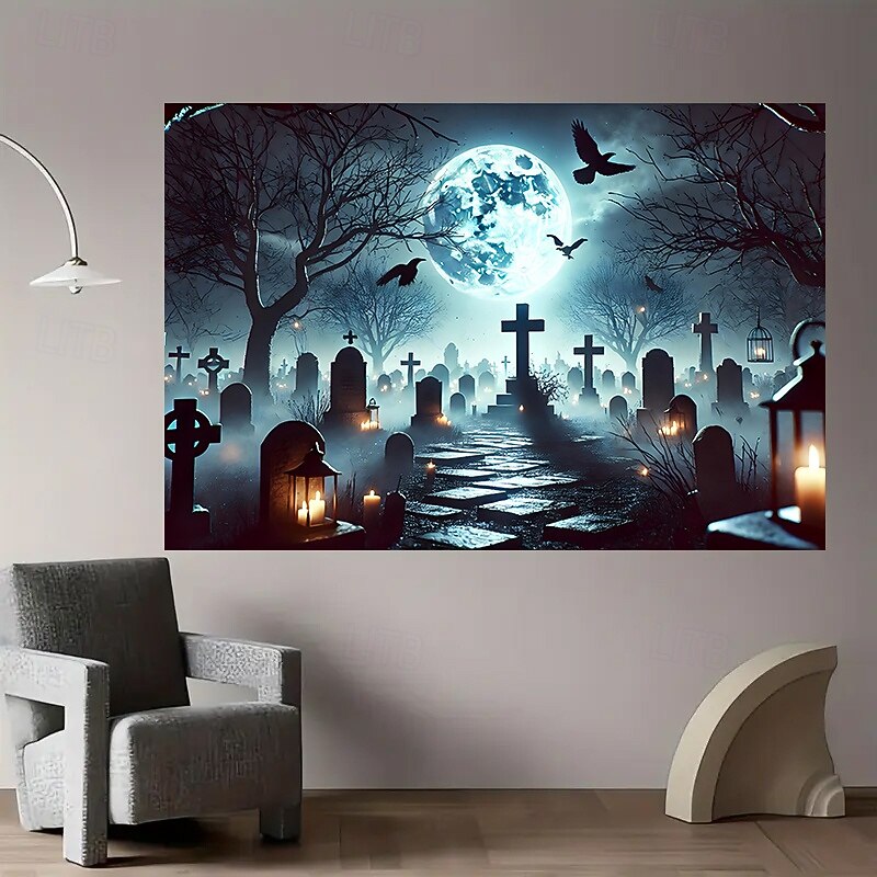 Halloween Tapestry – Happy Halloween Wall Hanging with Glowing Pumpkins, Skulls, Moonlight Forest and Spider Webs, Party Backdrop for Home or Bedroom Decor4
