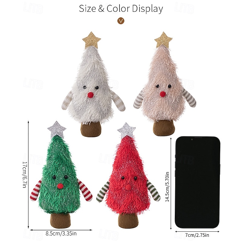 4PCS Plush Christmas Tree Figurines, Creative 3D Mini Tree Decorations, Soft Holiday Tabletop Ornaments for Home and Party Decor3
