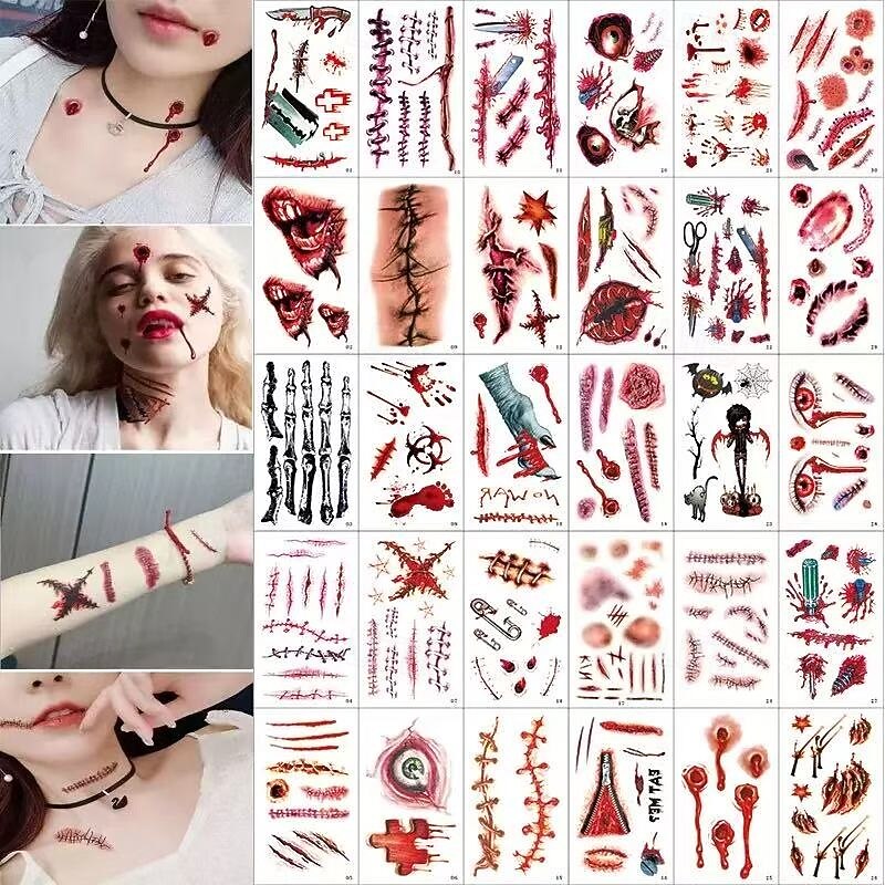 30PCS Halloween Prank Makeup Temporary Tattoos, 3D Fake Scars for Adults, Realistic Bloody Wound Designs for Face and Body, Perfect for Horror Cosplay, Costume Parties, and Pranks