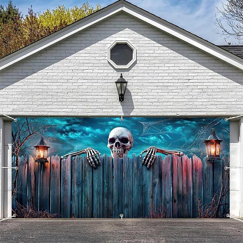 Halloween Garage Door Cover Large Hanging Backdrop Skeleton Bloodstains 3D Dark Punk Gothic Style Party Outdoor Shooting Backgrounds Front Door Home Decor2
