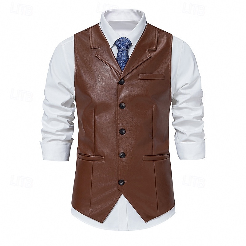 Men's Western Vest Waistcoat Leather Vest Formal Vacation Casual Daily Vintage Cowboy Spring Fall Pocket Buttons 100% Polyester PU Leather Comfortable Plain Single Breasted Notch lapel collar Slim2