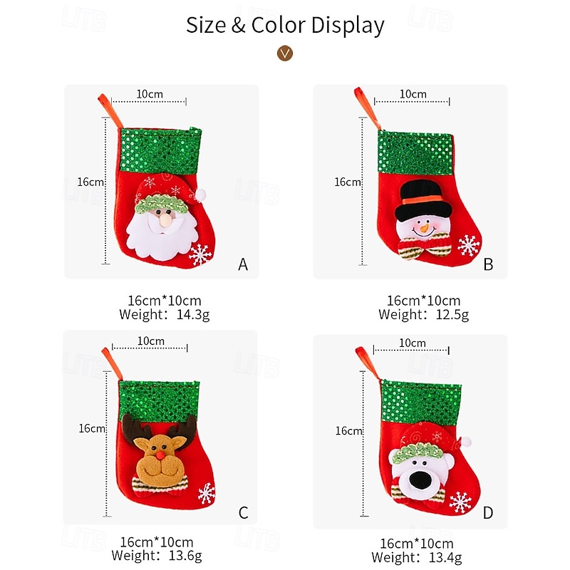 4Pcs Small Green Christmas Stockings, Sequin Trim Snowflake Cartoon Gift Stocking Silverware Holders, Holiday Table Decoration3