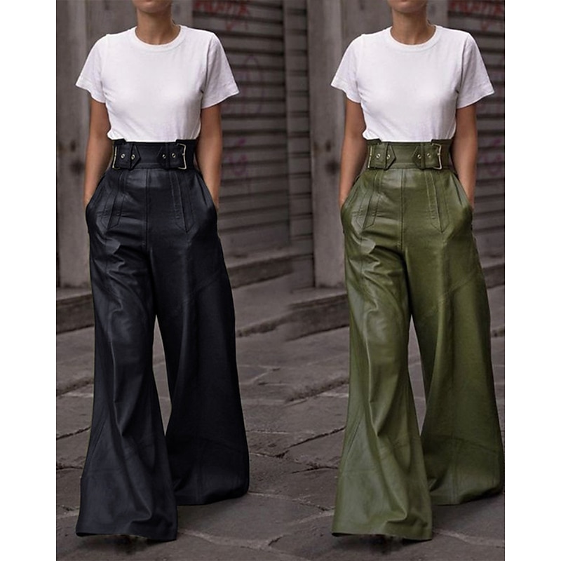 Women's Wide Leg Leather Pants Streetwear Casual Full Length Natural Plain Pocket Elastic Waist Comfortable Outdoor Vacation Holiday Black Army Green Fall Regular Fit