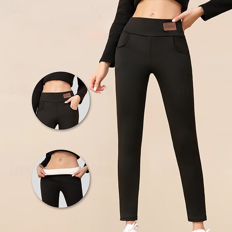 Women's Sherpa Pants Winter Warm Thick Leggings Fleece Lined High Waist Gym Athletic Pilates Bottoms Solid Color Black Burgundy Blue Winter Sports Activewear