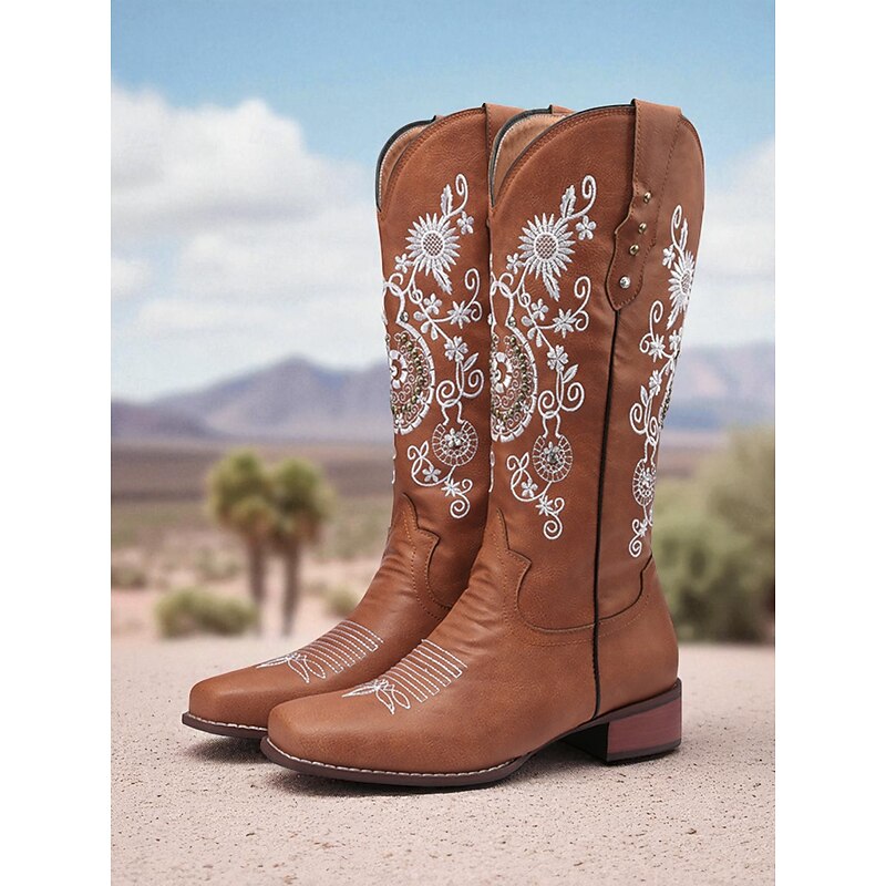 Women's Brown Western Cowboy Boots with White Floral Embroidery, Square Toe and Comfortable Low Heel for Casual Country Wear2