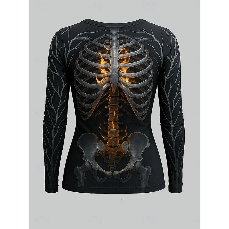 Halloween Women's T Shirt Skulls Graphic Skeleton Vintage Fashion Stylish Long Sleeve Crew Neck Regular Tops Daily Weekend Print Yellow Pink Blue Green Spring Fall Winter2