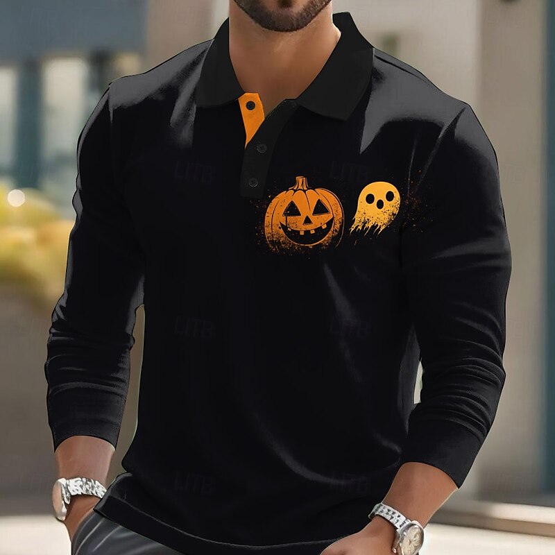 Halloween Men's Pumpkin Ghost Polo Long Sleeve Polo Shirts Lapel Casual Street Athleisure Daily Wear Festival Outfit 3D Print Buttons Spring Fall Winter Black Orange2