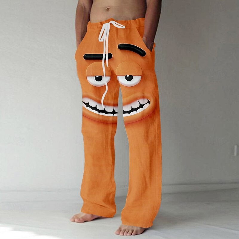 Men's 3D Cartoon Smile Face Trousers Baggy Pants Casual Pants Mid Waist Funny Outdoor Vacation Elastic Drawstring Waist Linen-Like Pants with Pockets Summer Spring Fall 3D Print Blue Purple Orange4