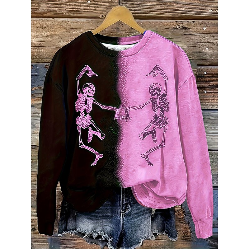 Halloween Women's Pullover Sweatshirt Skulls Graphic Fashion Casual Long Sleeve Crew Neck Regular Tops Street Dailywear Casual Print Light Pink Spring Fall Winter