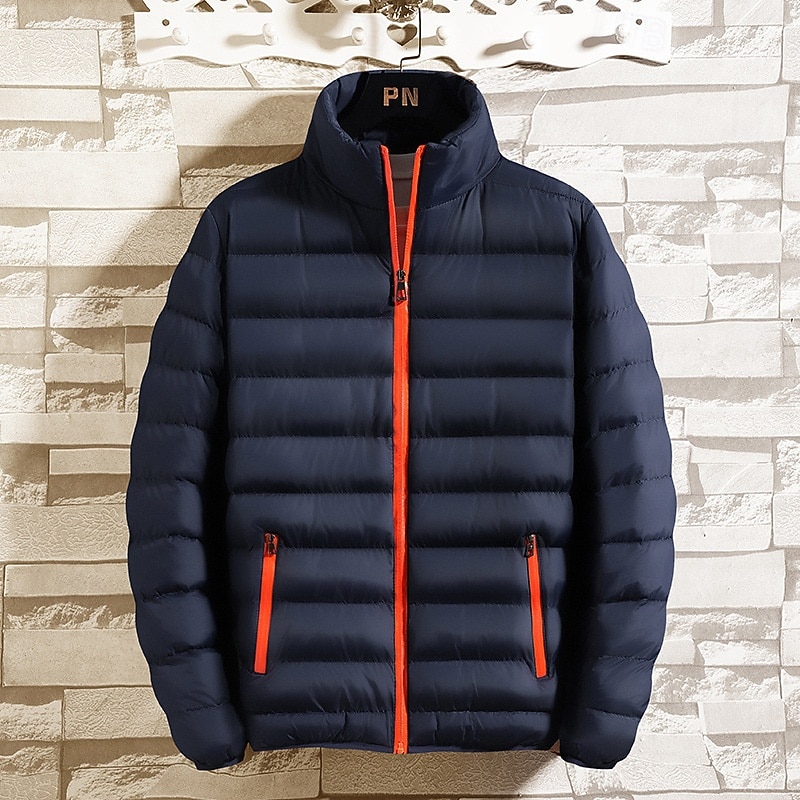 Men's Winter Coat Puffer Jacket Padded Jacket Pocket Polyster Vacation Daily Wear Date Regular Fashion Casual Comfortable Thermal Warm Fall Winter Solid / Plain Color Black Blue Dark Blue Puffer