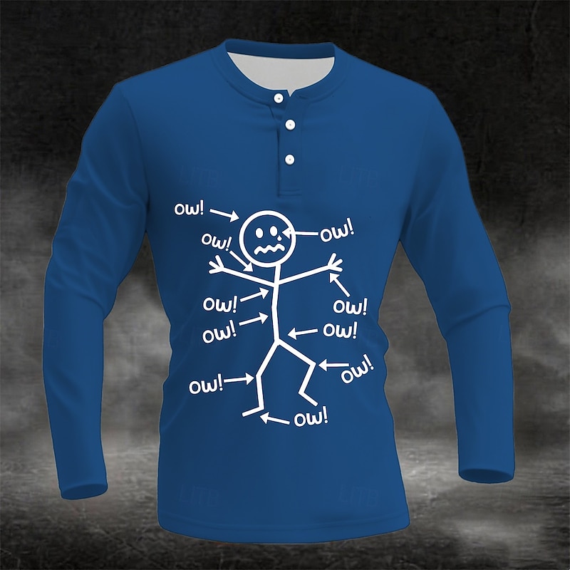 Men's Long Sleeve Henley Shirt Funny Ow! Stick Figure Graphic Tee - Aches & Pains Lifestyle Humor2