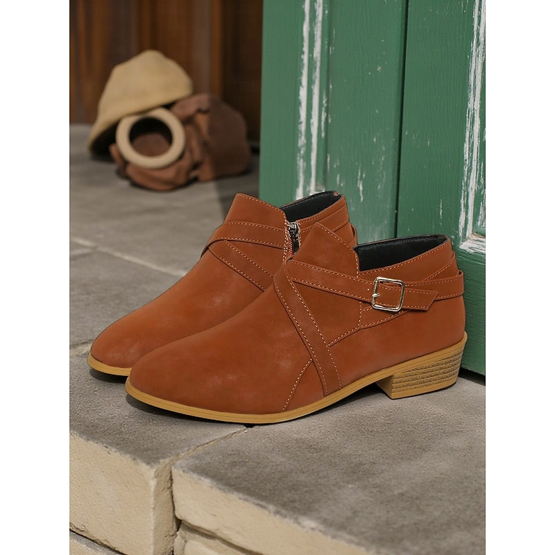 Women's Brown Low Heel Ankle Boots with Side Zipper and Buckle Strap – Stylish Casual Boots for Fall & Everyday Wear2
