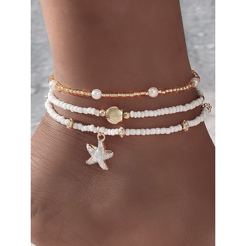Women's 3-Piece Beaded Anklet Set – Gold Alloy and White Beads with Starfish and Shell Charms, Bohemian Beach Jewelry for Summer Vacations and Casual Outfits