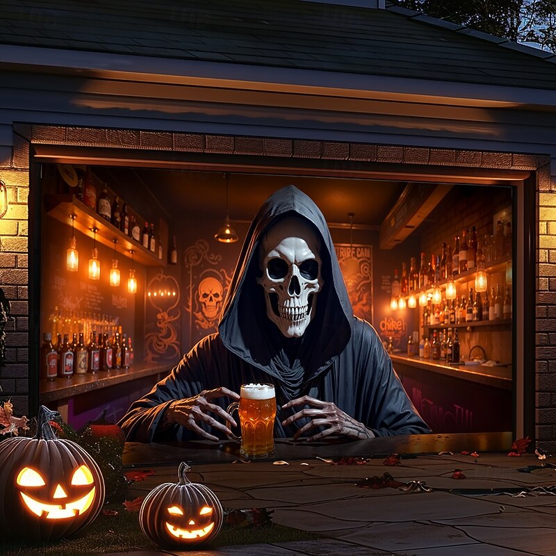 Halloween Garage Door Cover Large Hanging Backdrop Grim Reaper 3D Dark Punk Gothic Style Party Outdoor Shooting Backgrounds Front Door Home Decor4