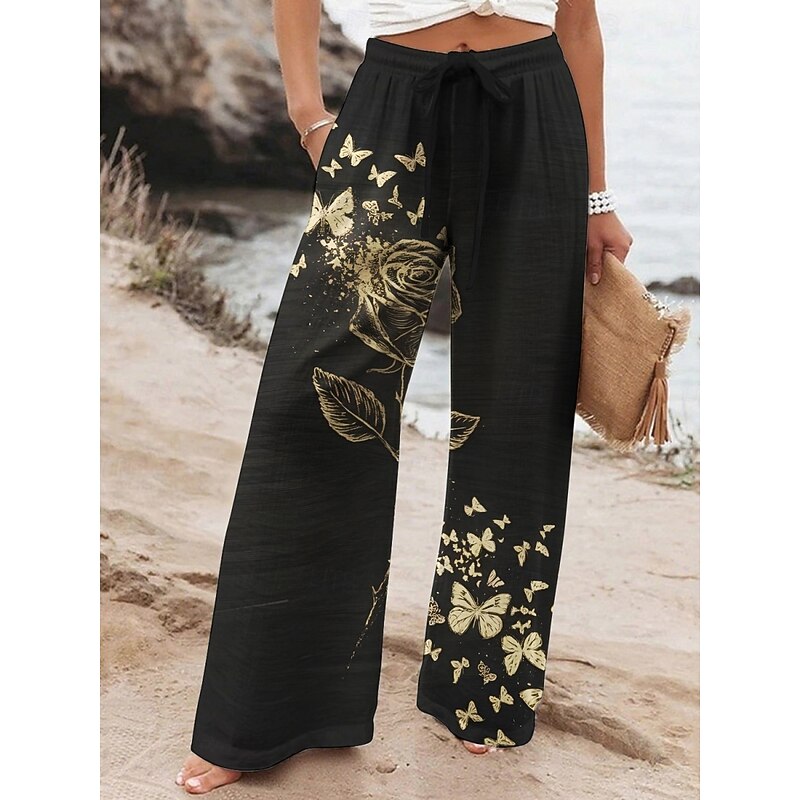 Women's Wide Leg Pants Trousers Vacation Casual Long High Waist Butterfly Elastic Waist Printing High Cut Breathability Soft Micro-elastic Vacation Street Daily Wear Black Purple Khaki Spring Fall