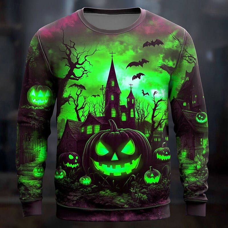 Halloween Men's Pumpkin Cemetery Sweatshirt Punk Party Long Sleeve Crew Neck Vacation Red Blue Crewneck 3D All Seasons Designer3