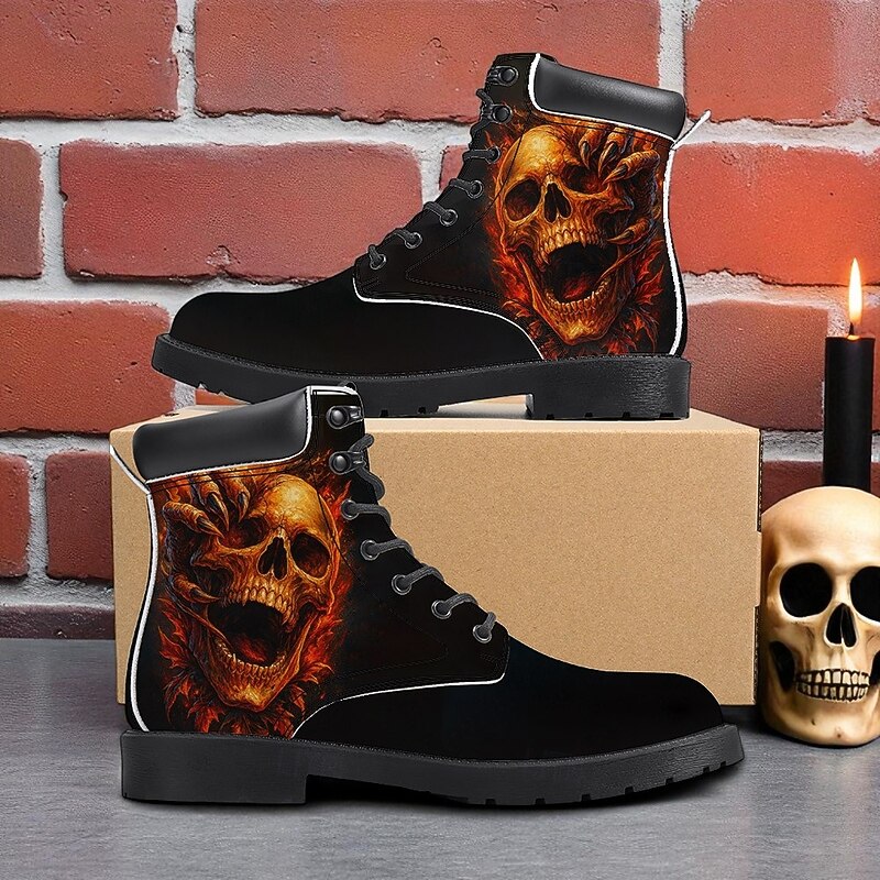 Men's Flaming Skull Combat Boots – Gothic Punk Lace-Up Ankle Boots for Halloween, Cosplay, Concerts and Streetwear2