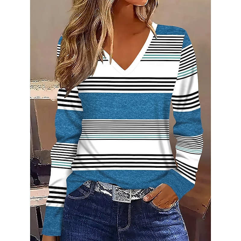 Women's T shirt Long Sleeve Graphic Geometric Striped Vintage Stylish Classic Long Sleeve V Neck Regular Tops Daily Print Royal Blue Sky Blue Spring Fall Winter Prefall