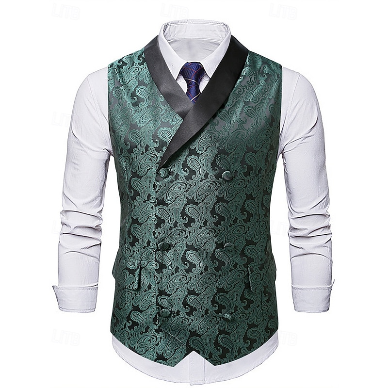 Men's Vest Waistcoat Gilet Vacation Party Business Fashion Casual Spring Fall Pocket Buttons Polyester Comfortable Paisley Single Breasted One-button Lapel Regular Fit Dark Green Vest2