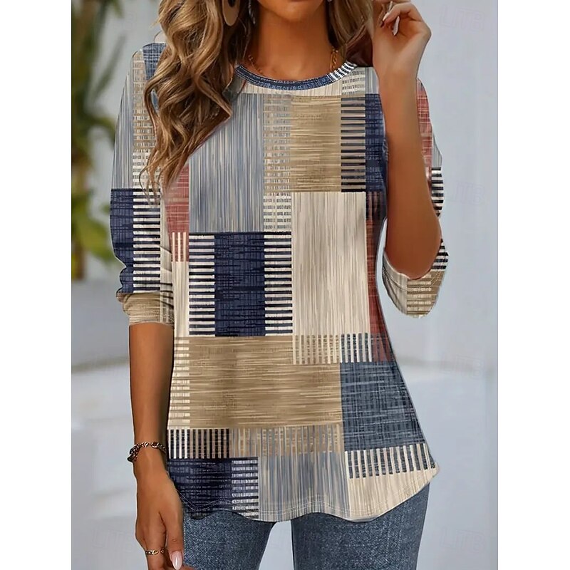 Women's T Shirt Graphic Geometric Striped Vintage Stylish Classic Long Sleeve Crew Neck Round Neck Regular Tops Daily Print Pink Blue Khaki Rose Pink Spring Fall Winter4