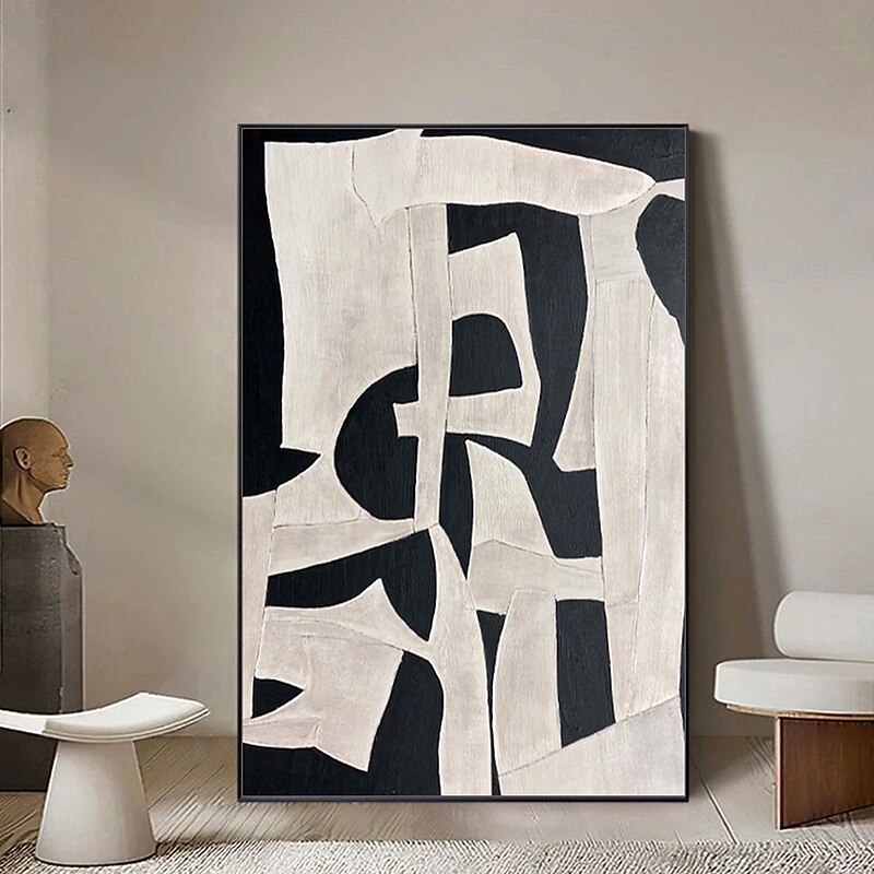 Mintura Hand Painted Abstract Beige Black Texture Oil Paintings on Canvas Modern Abstract Wall Art Picture For Home Decoration Ready To Hang With Stretched Frame