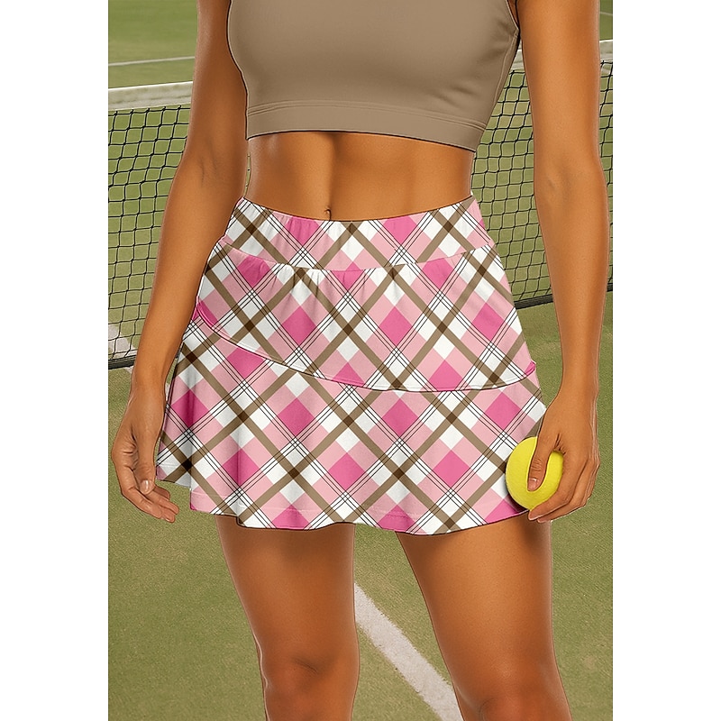 Women's Plaid Checkered Tennis Skirts Patchwork Pocket 2 in 1 UPF50+ UV Resistant With Pockets Volleyball Tennis Badminton Shorts Skirt Pink Tennis Clothing