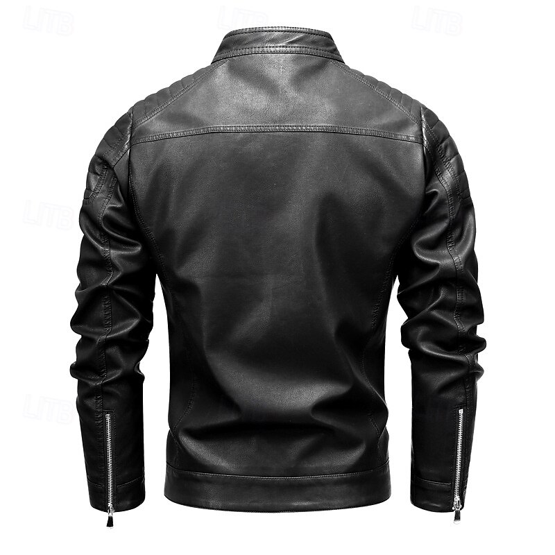 Men's Faux Leather Jacket Motorcycle Jacket Outdoor Casual Windbreaker Minimalist Fall Winter Solid Color Punk Active Stand Collar Regular Black Burgundy Khaki Coffee Jacket2