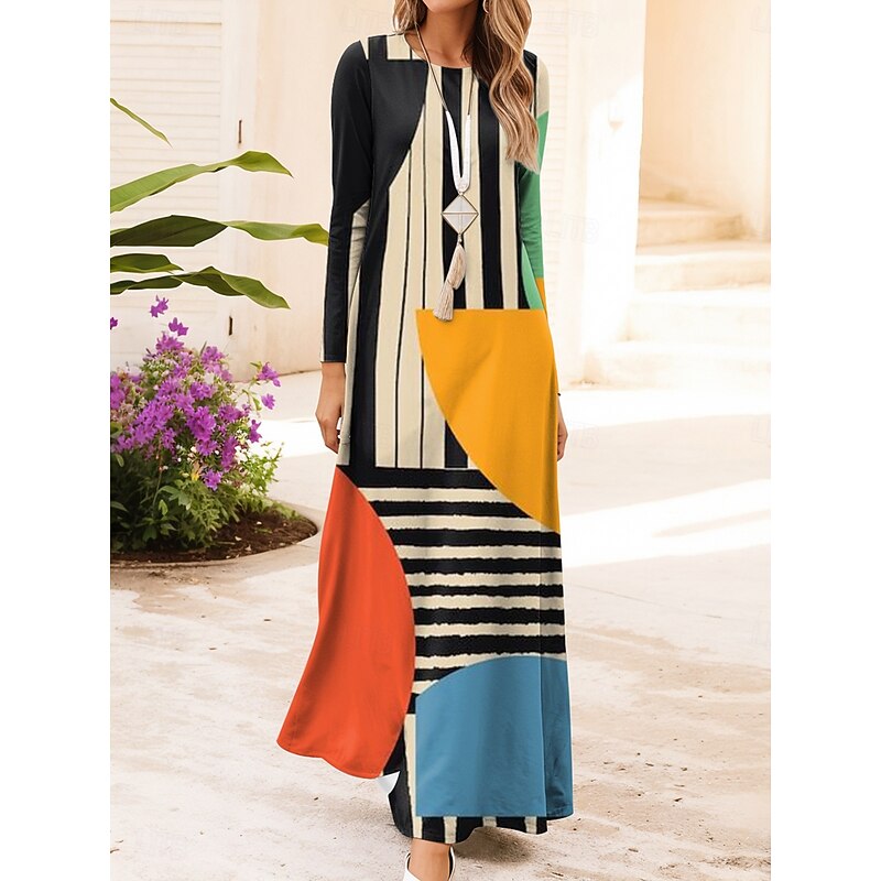 Women's Maxi Dress Vintage Bohemian A Line Dress Crew Neck Long Sleeve Casual Daily Regular Fit Graphic Geometric Black Sky Blue Orange Dark Blue Spring Fall Winter3
