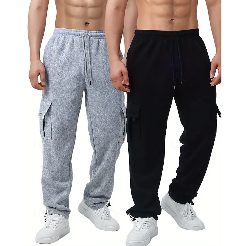Multi Packs 2pcs Men's black+dark grey Sweatpants Cargo Sweatpants Drawstring Elastic Waist Plain Vacation Daily Wear Polyester Fall