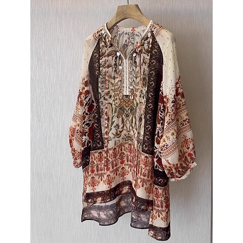 Women's Linen Cotton Boho Shirt Floral Seashell Paisley Abstract Vintage Stylish Ethnic 3/4 Length Sleeve Lantern Sleeve V Neck Regular Tops Daily Holiday Going out Tie Front Brown Summer Spring Fall2