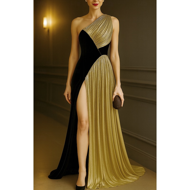Black Gold A-Line Evening Gown Elegant Dress Formal Wedding Floor Length Sleeveless One Shoulder Velvet with Pleats 20254