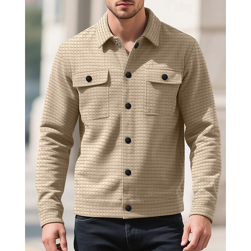 Men's Waffle Jacket Shirt Jacket Casual Jacket Vacation Daily Breathable Jacquard Pocket Spring Fall Plain Fashion Classic Lapel Regular Black White Khaki Army Green Dark Gray Jacket4