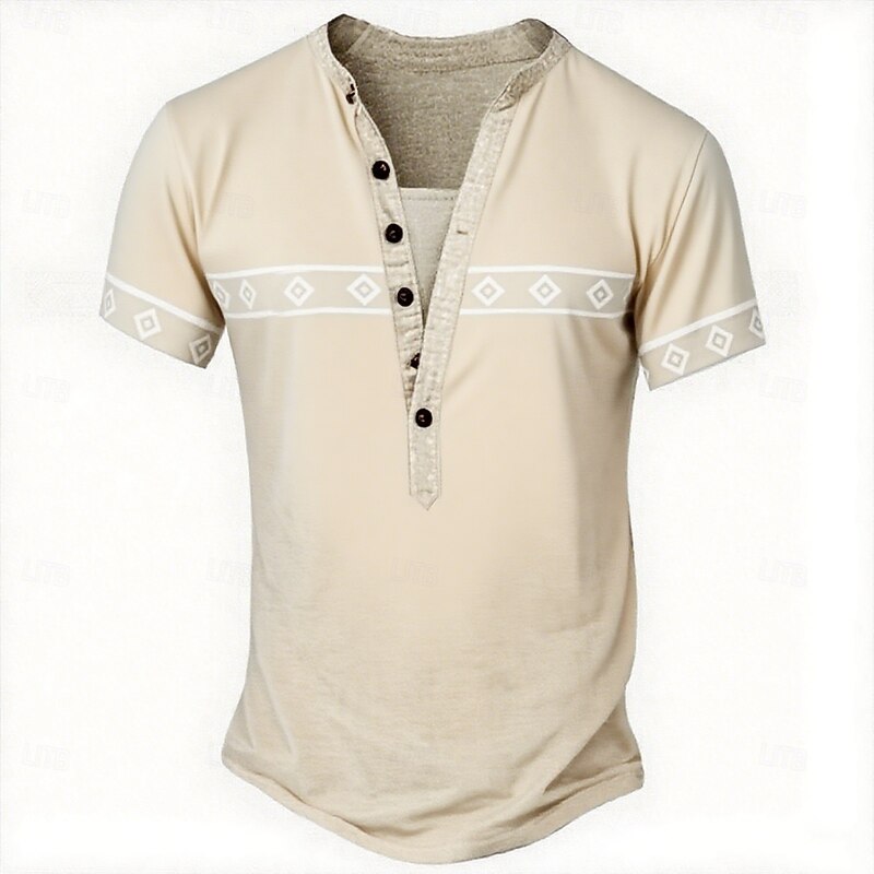 Men's Ethnic T Shirt Henley Shirt Tee Short Sleeve Designer Basic Ethnic Outdoor Casual Daily Summer Spring Light Green Light Blue Khaki Henley Henley T-Shirt4