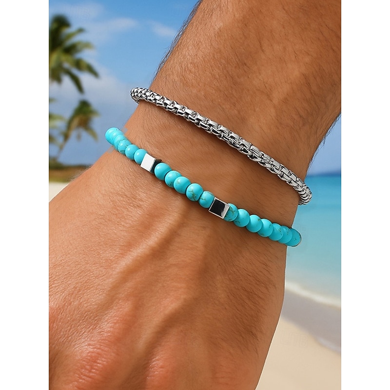 Men's Turquoise Beaded and Silver Chain Bracelet Set – Boho Beach Style Adjustable Jewelry for Casual, Summer and Vacation Outfits2
