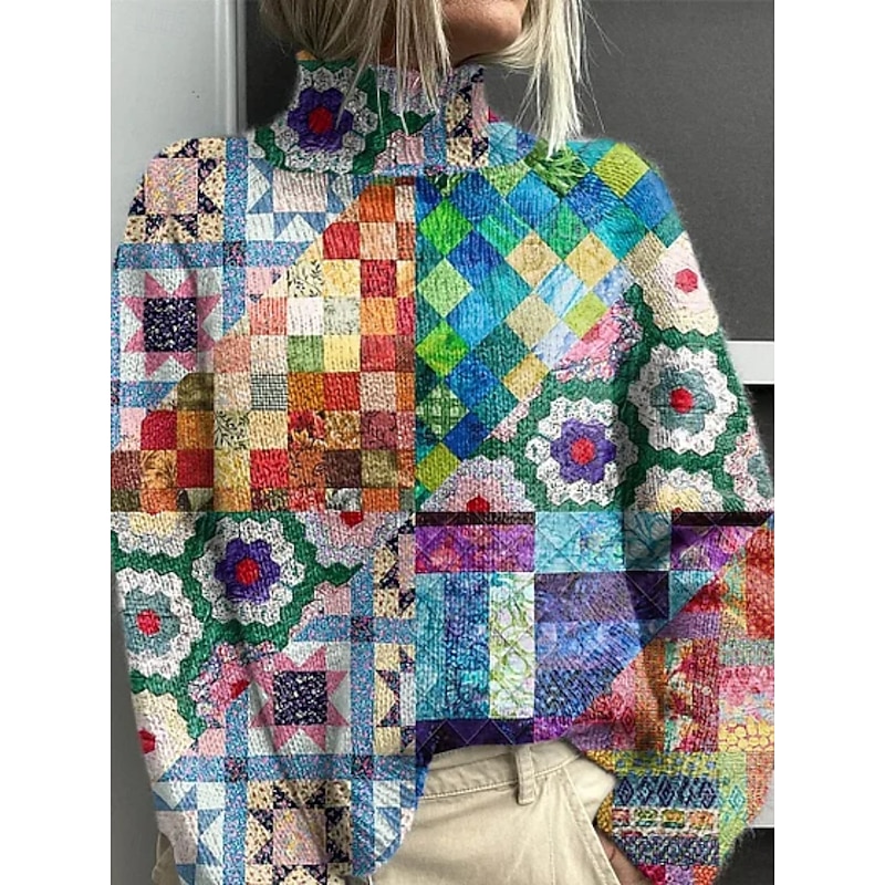 Women's Pullover Hoodie Sweatshirt Geometric Plaid Color Block Streetwear Casual Long Sleeve Hooded Regular Tops Street Holiday Pocket Print Blue Purple Fuchsia Fall Winter2