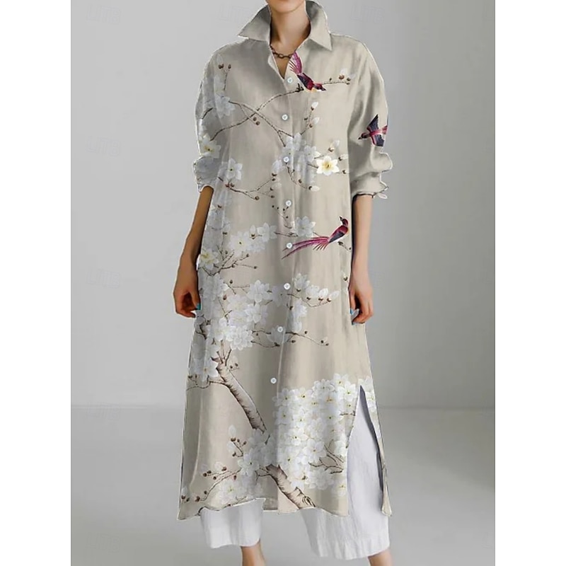 Women's Midi Dress Shirt Dress Casual Dress Fashion Modern Daily Holiday Weekend Regular Fit Floral 3/4 Length Sleeve Shirt Collar Pink Khaki Summer Spring Fall