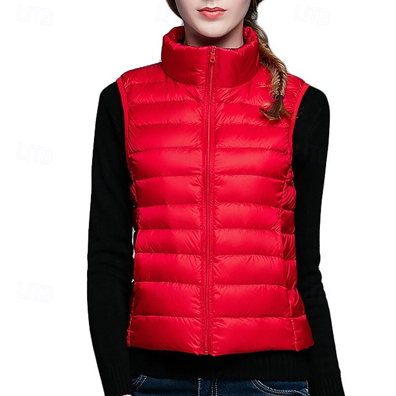 Women's Vest Warm Comfortable Zipper Pocket Fashion Outdoor Plain Going out Weekend Zipper Regular Stand Collar Regular Fit Sleeveless Outerwear White Red Purple Fall Winter3